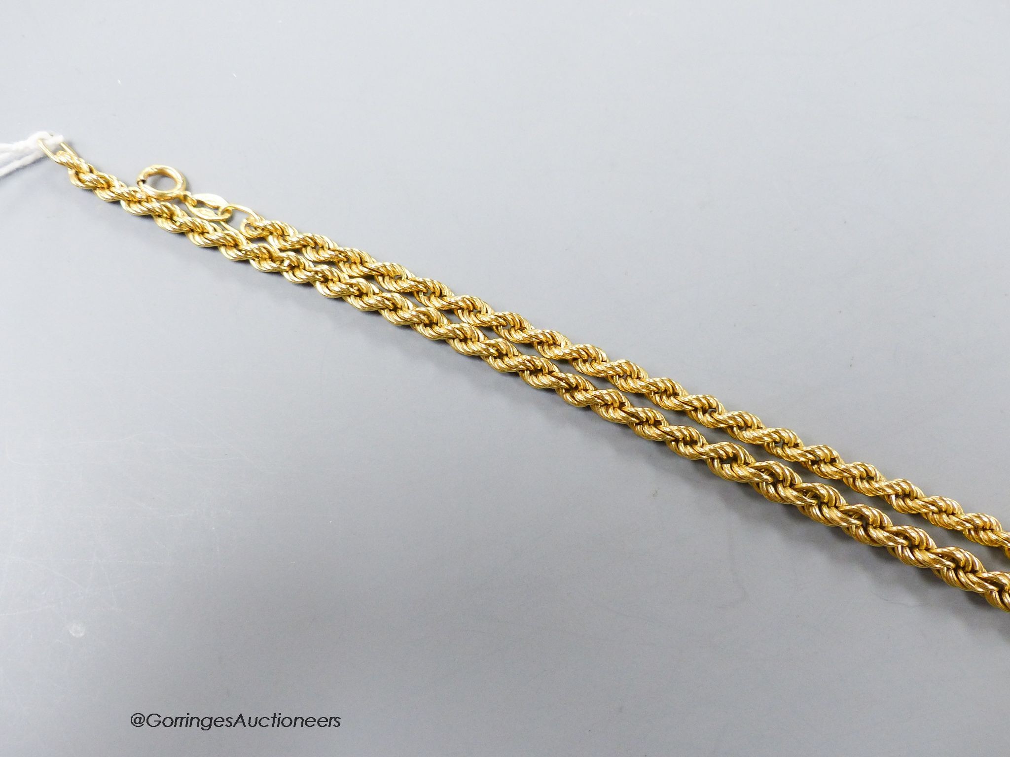A modern 18ct gold ropetwist chain, 50cm, 16 grams.